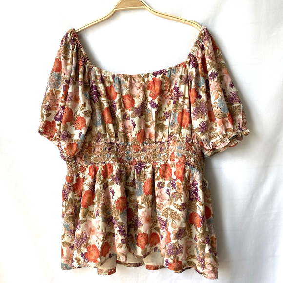 Torrid Georgette Eyelet Puff Sleeve Floral Top Women 1X Multicolor Smocked Waist - Picture 2 of 11